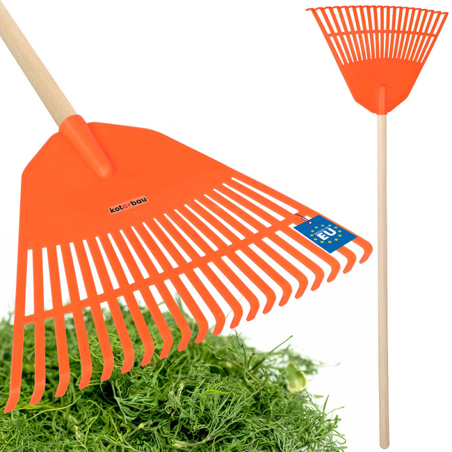 Plastové záhradné hrable ventilátorové na listy trávy s násadou 45 cm - Farba oranžová